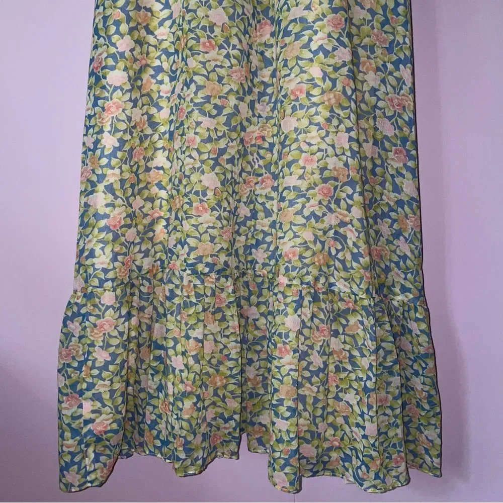 Camela of California S Maxi Dress 70s Ball Gown Blue Ditsy Floral Ruffle Boho - Picture 4 of 10